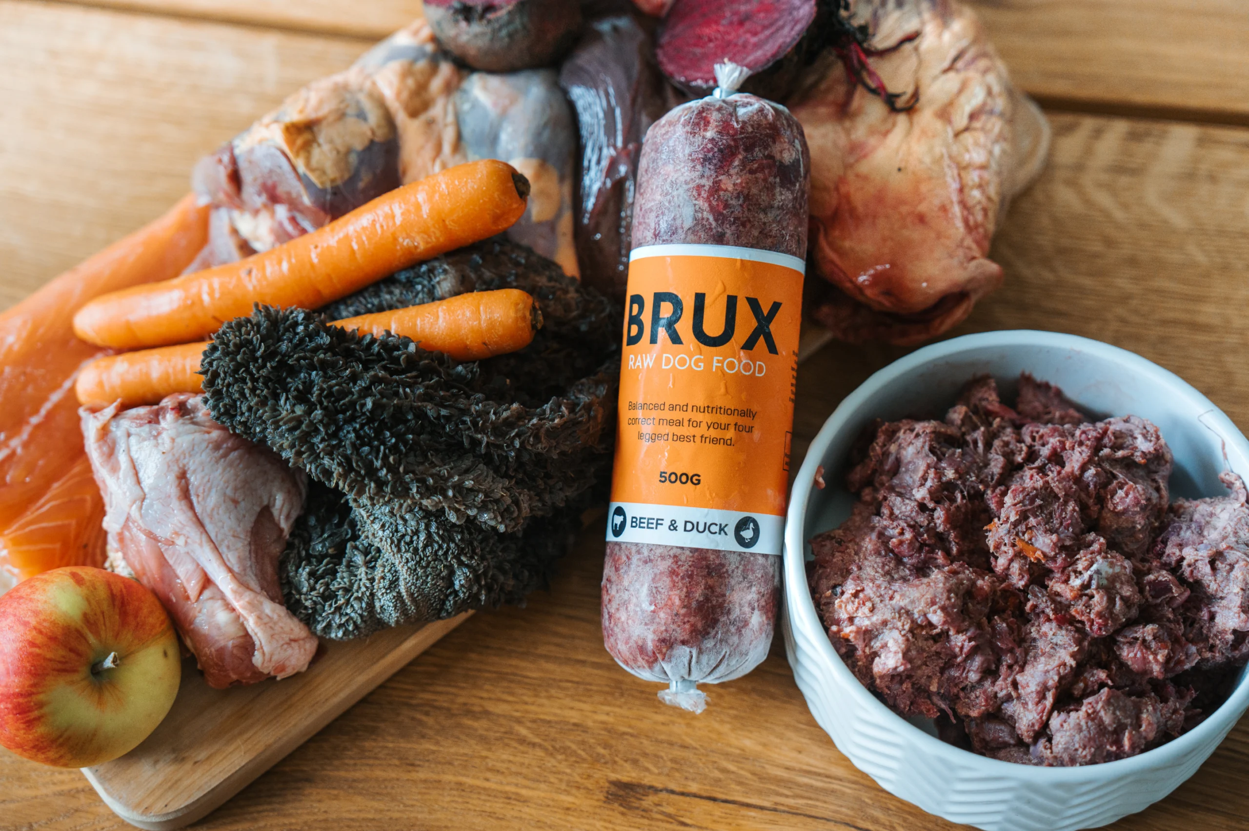 BRUX dog food with raw meats, organs and fresh fruit and vegetables