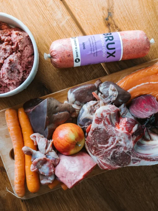 Raw dog food mix of turkey and lamb from BRUX